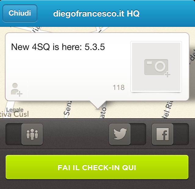 Nuova schermata di check-in per la versione iphone 5.3.5 di Foursquare