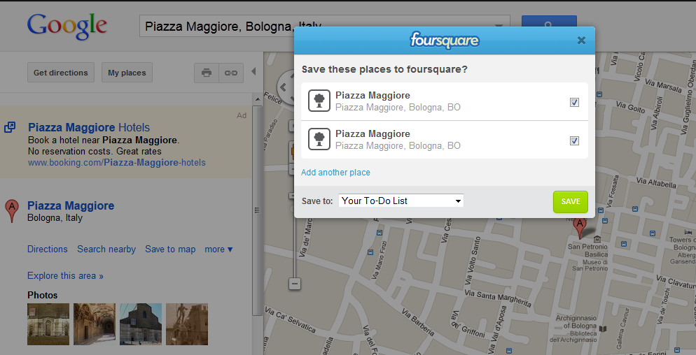 Il bottone di Foursquare su Google Maps