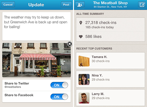 Condivisione dei local update tramite l'app business di Foursquare