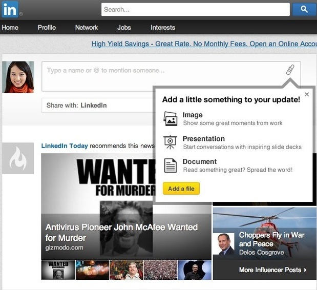 LinkedIn Rich Media Sharing on Homepage